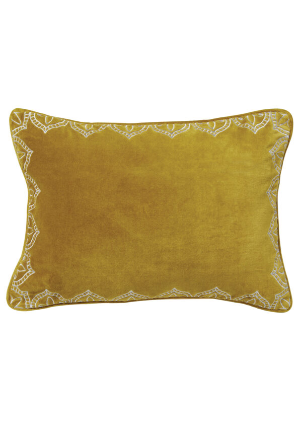 Embroidered velvet cushion cover in old gold - Image 2