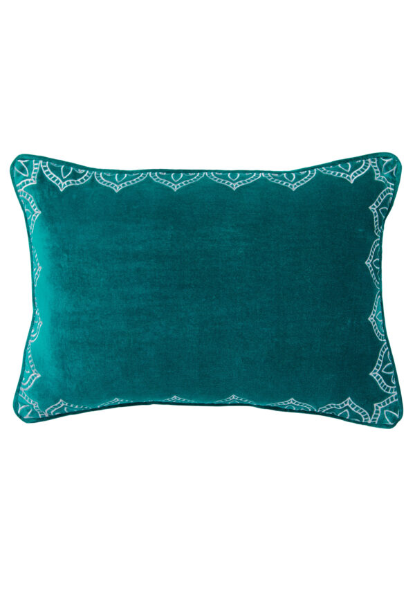 Sea green embroidered velvet cushion