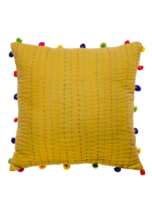 Kantha stitch pom pom cushion old gold