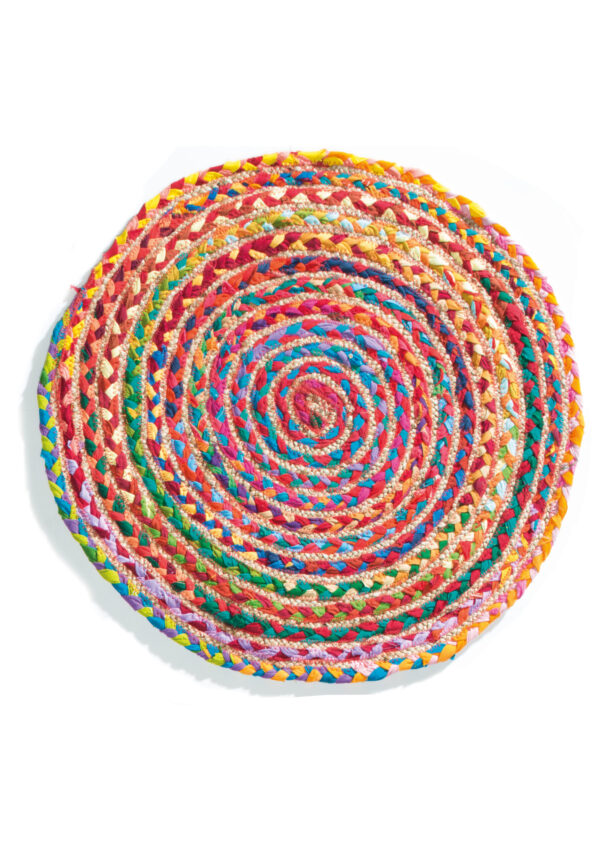 Multicoloured jute and recycled cotton round rug