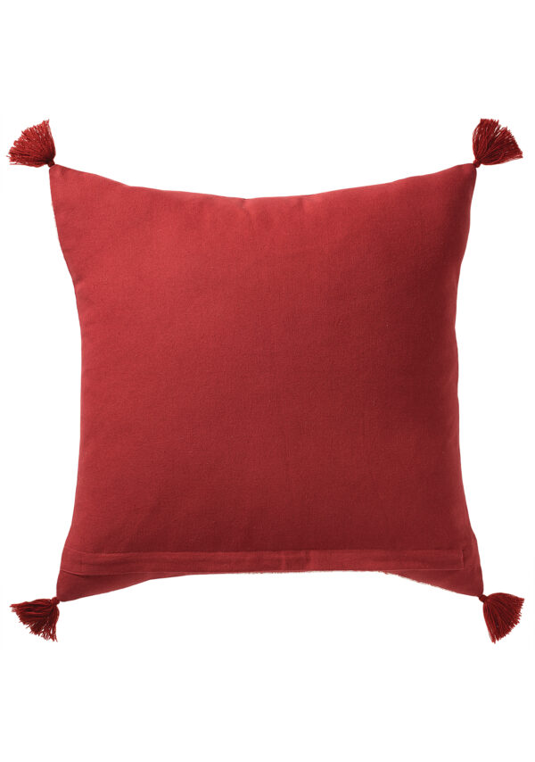 Rear of red block print cushion, Wildwood Cornwall, Bude