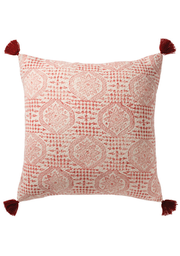 Red block print boho cushion, Wildwood Cornwall, Bude