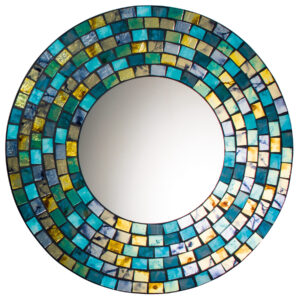 Round blue mosaic mirror, Wildwood Cornwall, Bude