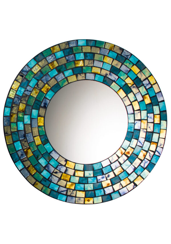 Round blue mosaic mirror, Wildwood Cornwall, Bude