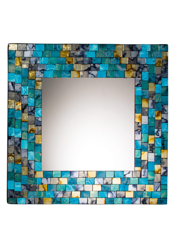 Square fair trade gold turquoise mosaic mirror, Wildwood Cornwall, Bude