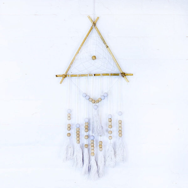 White triangle dreamcatcher, bamboo wood boho, Wildwood Cornwall, Bude