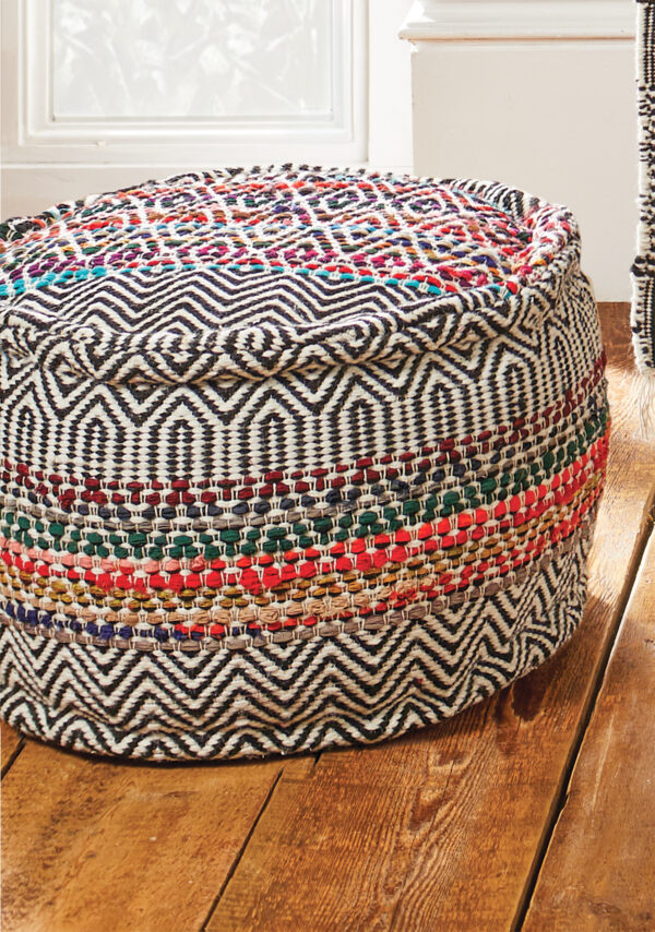 Sustainable ethically made aztec style pouffe, fair trade Wildwood Cornwall, Bude