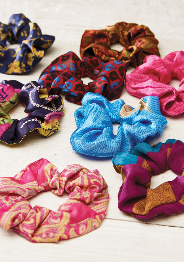 Fair trade sustainable recycled sari hair scrunchies Wildwood Cornwall, Bude