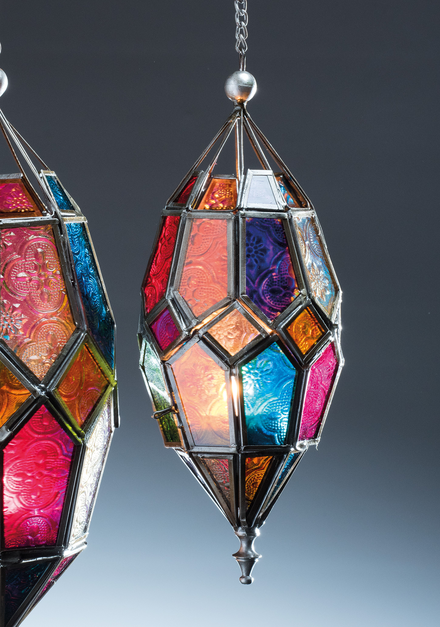Multicoloured hanging glass lantern Wildwood Bude Cornwall