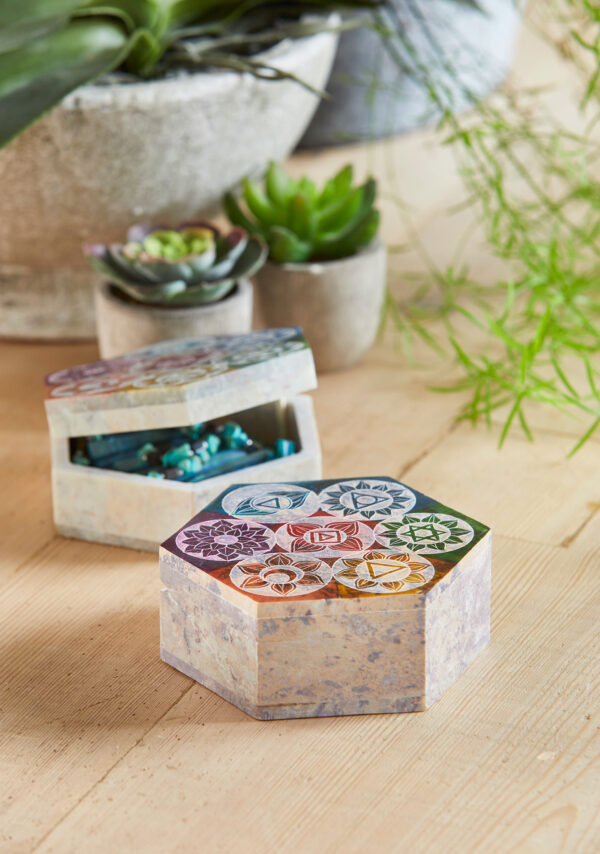 Hexagonal chakra soapstone box, Wildwood Cornwall