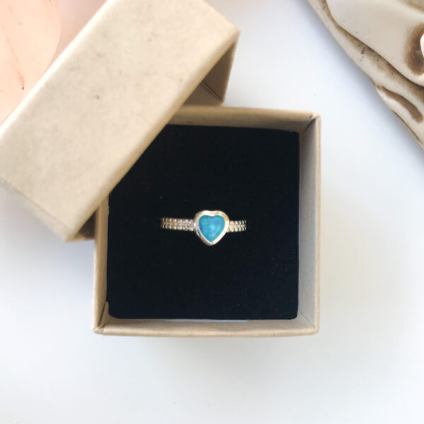 Created blue opal heart ring in Sterling silver, eco friendly ring gift box