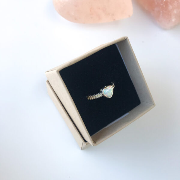 Heart shaped white opal ring in gift box Wildwood Cornwall