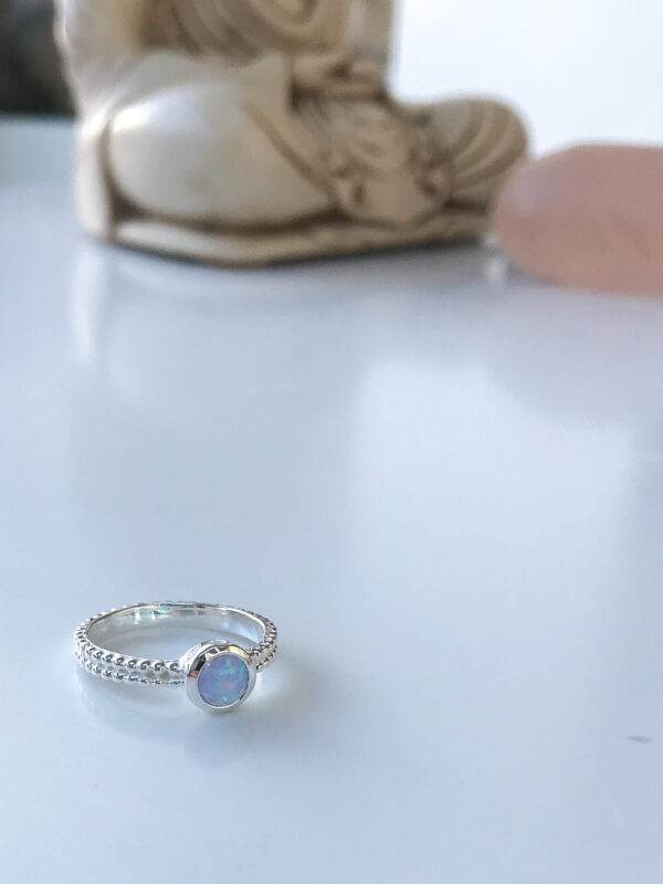 Round created white opal ring sterling silver