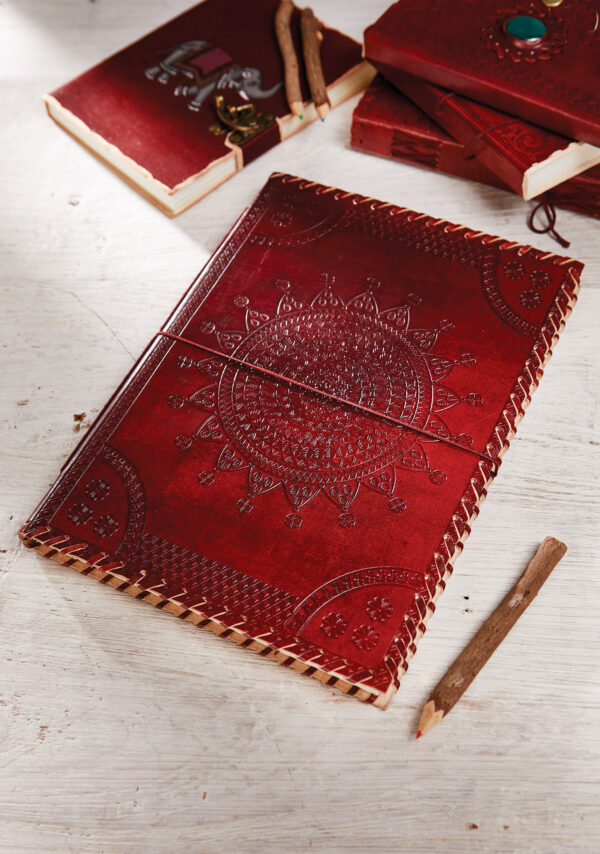 mandala leather fair trade notebook large Wildwood Cornwall fair trade