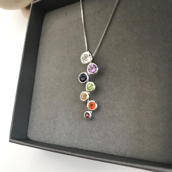 Cluster sterling silver rainbow semi precious gemstones necklace