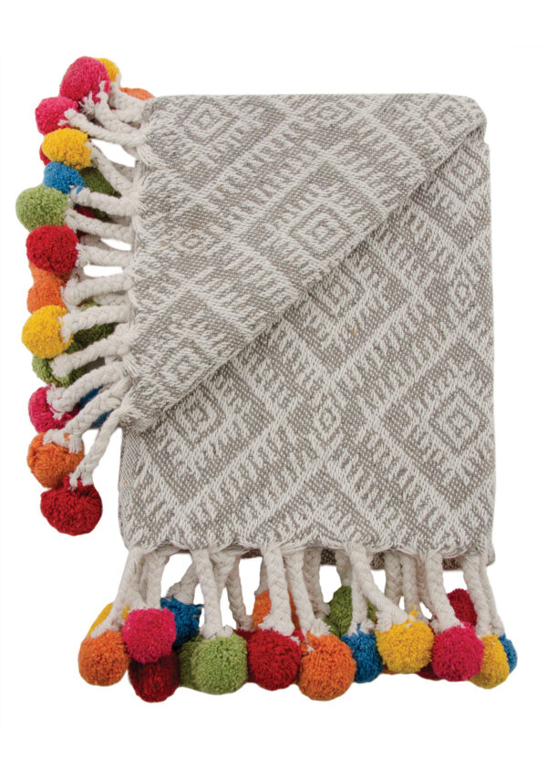 Rainbow pom pom recycled cotton grey throw Wildwood cornwall