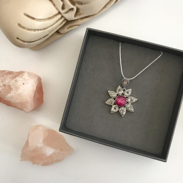 Ruby and rose quartz flower pendant gift box sterling silver