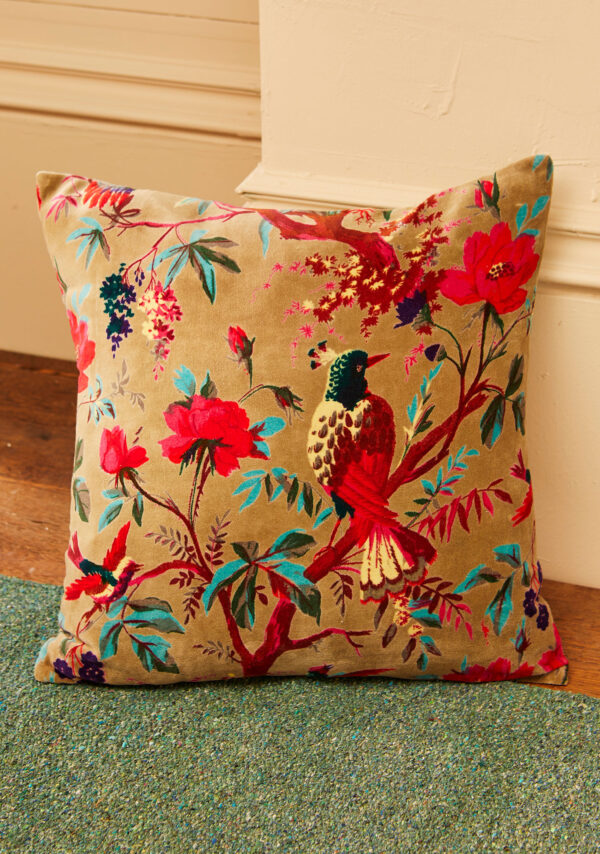 Bird of paradise Olive green cushion ethical Wildwood Cornwall