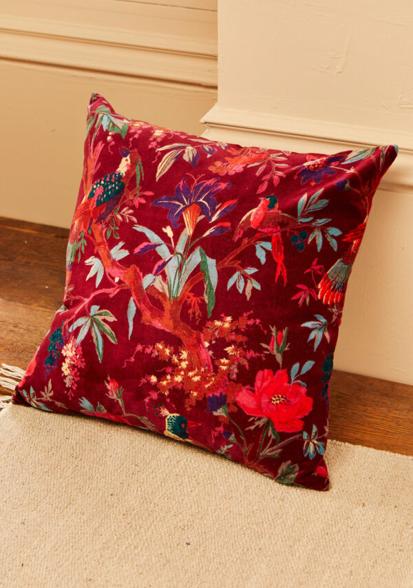 Maroon ethical bird of paradise fair trade cushion Wildwood cornwall