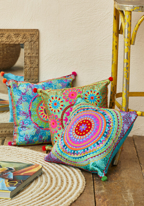 Bright boho embroidered cushion