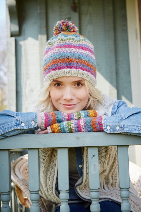 Fair trade ethical pink purple wool beanie bobble hat