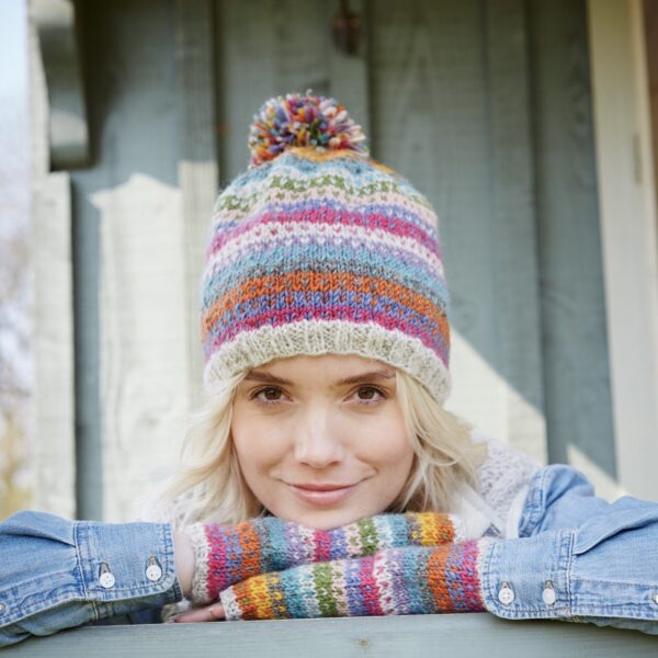 Fair trade ethical pink purple wool beanie bobble hat square