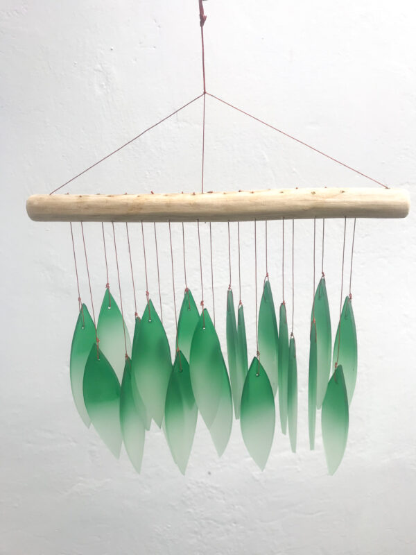 Green ombre glass leaf windchime gift Wildwood Cornwall ethical