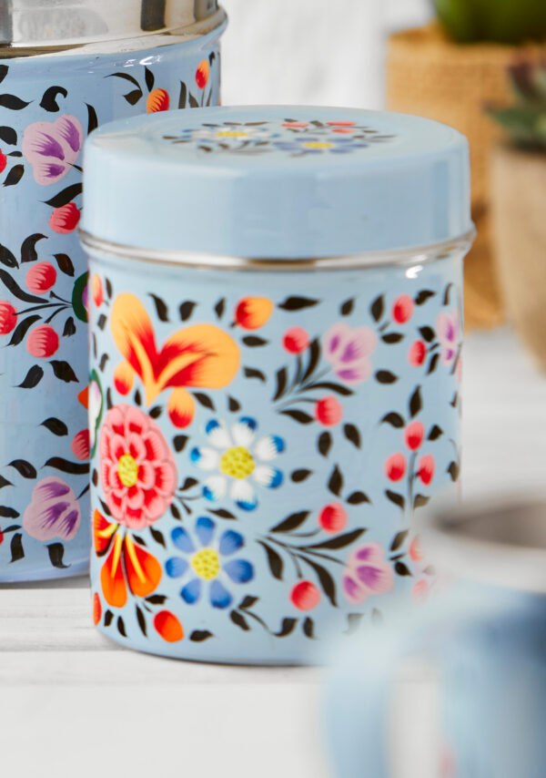 blue orange floral boho canister tin