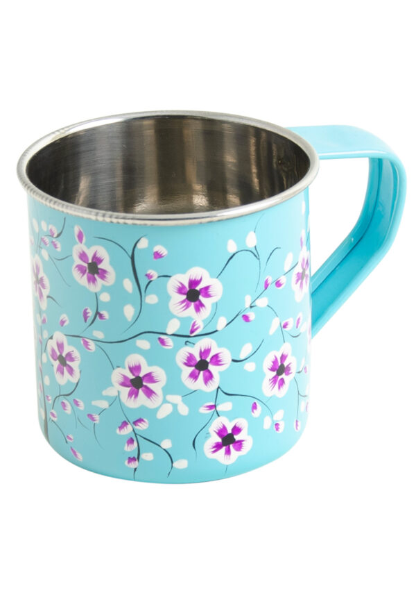 light blue enamel stainless steel floral flower mug wildwood cornwall bude