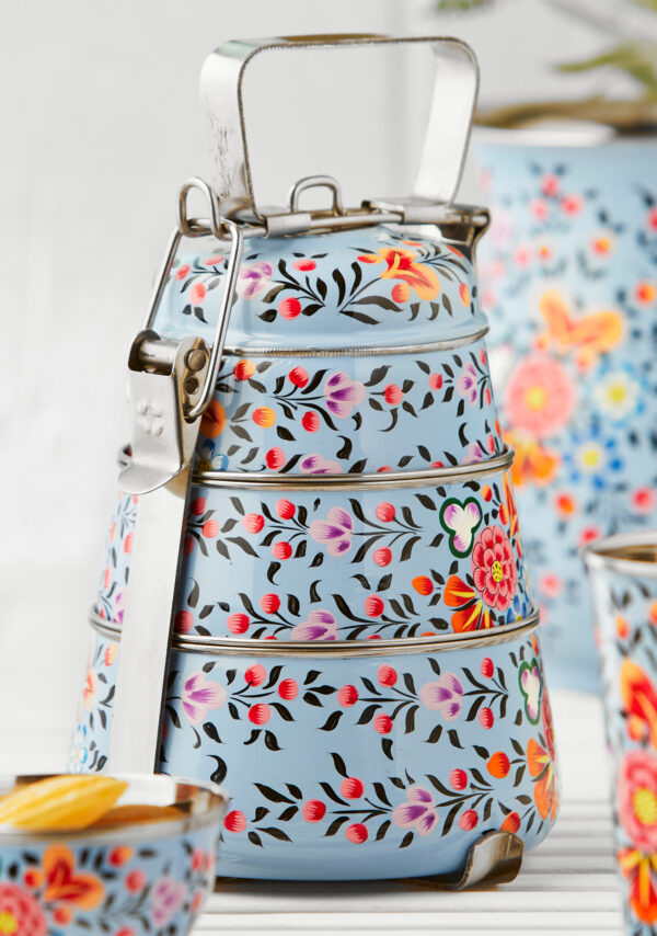 stacking enamel floral blue orange tins handle carry picnic camping