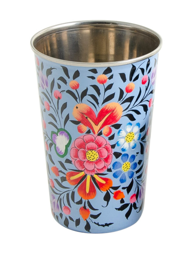 tall blue enamel orange floral cup wildwood cornwall namaste fair trade