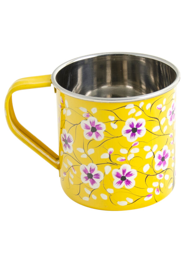 yellow enamel floral stainless steel mug fair trade ethical boho