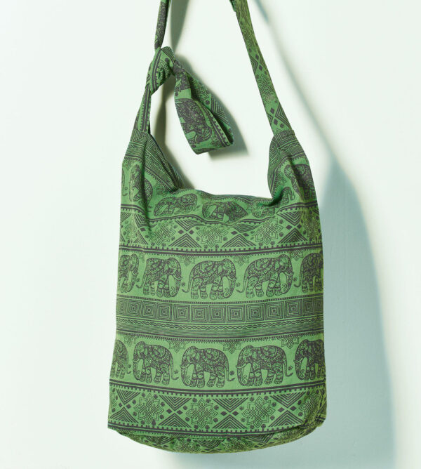 Olive green elephant print ethical shoulder bag Wildwood Cornwall