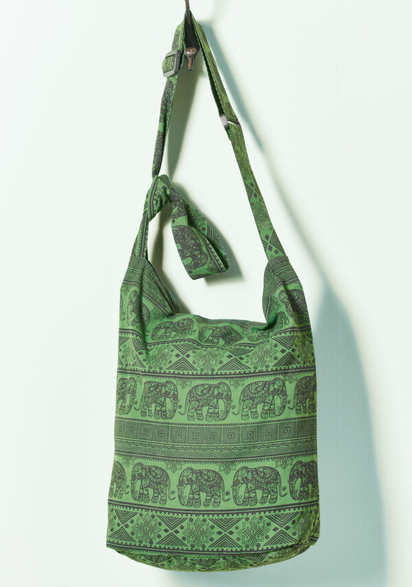 Olive green elephant print ethical shoulder bag Wildwood Cornwall