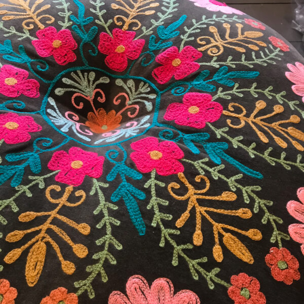 Embroidered round floor cushion pouffe fair trade Wildwood Cornwall