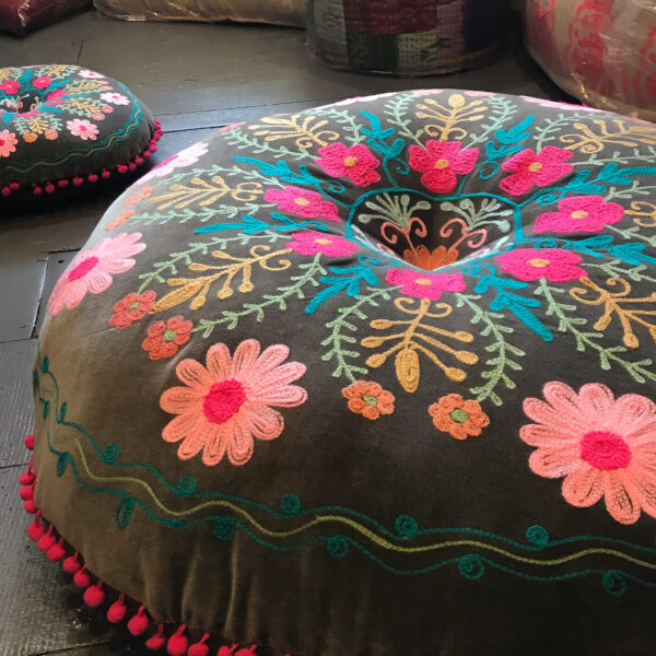 Fair trade embroidered flower floor cushion pouffe boho ethical
