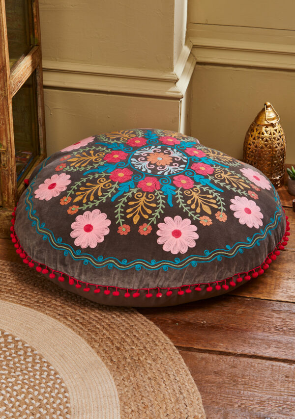 Large embroidered velvet floor cushion pouffe ethical