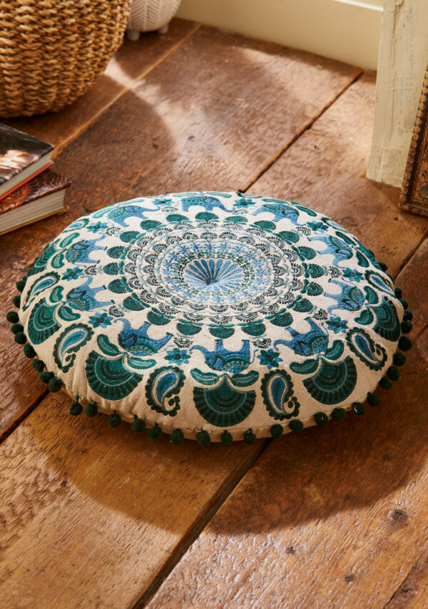 turquoise round mandala cushion wildwood cornwall