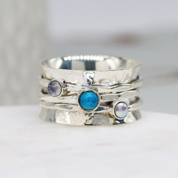 Spinning ring pearl turquoise moonstone sterling silver wildwood cornwall