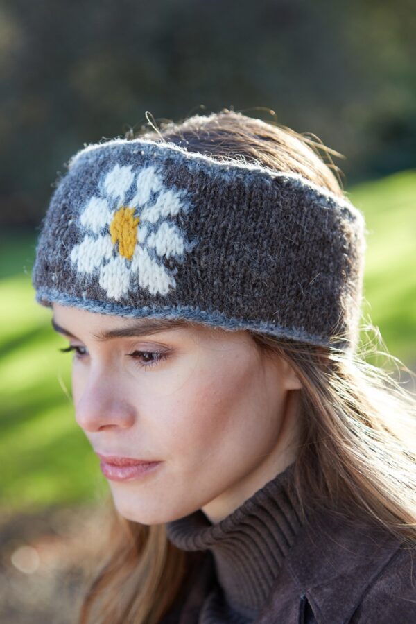 Grey daisy winter headband ethical pachamama Wildwood Cornwall