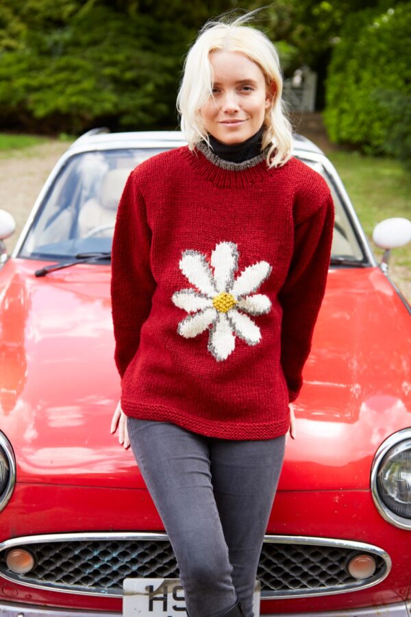 Red knit wool daisy jumper sweater Pachamama wildwood cornwall