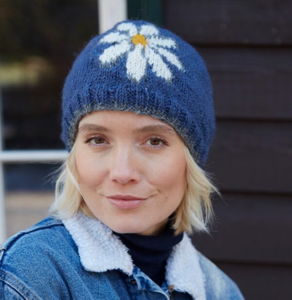 blue daisy beanie hat wool pachamama wildwood cornwall