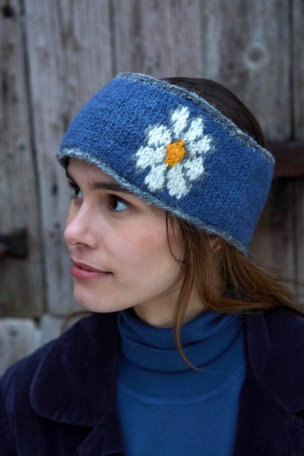 denim blue pachamama daisy headband knitted wool Wildwood Cornwall