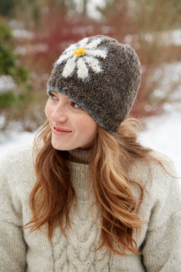 grey daisy beanie hat wool pachamama ethical