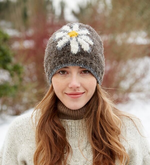 grey pachamama wool daisy beanie hat