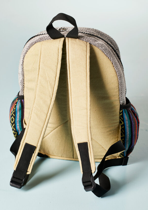 rear of mini hemp backpack fair trade
