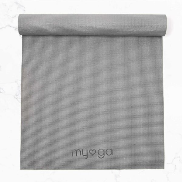 Grey beginners yoga kit grey yoga mat Wildwood Cornwall Myga