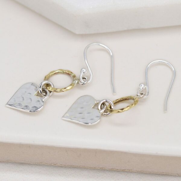 Hammered effect drop heart earrings with brass hoop silver Wildwood Cornwall