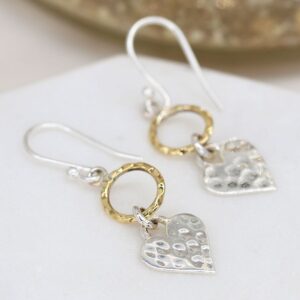 Hammered sterling silver heart brass hoop earrings Wildwood Cornwall