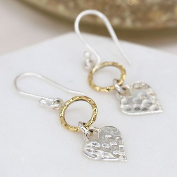 Hammered sterling silver heart brass hoop earrings Wildwood Cornwall